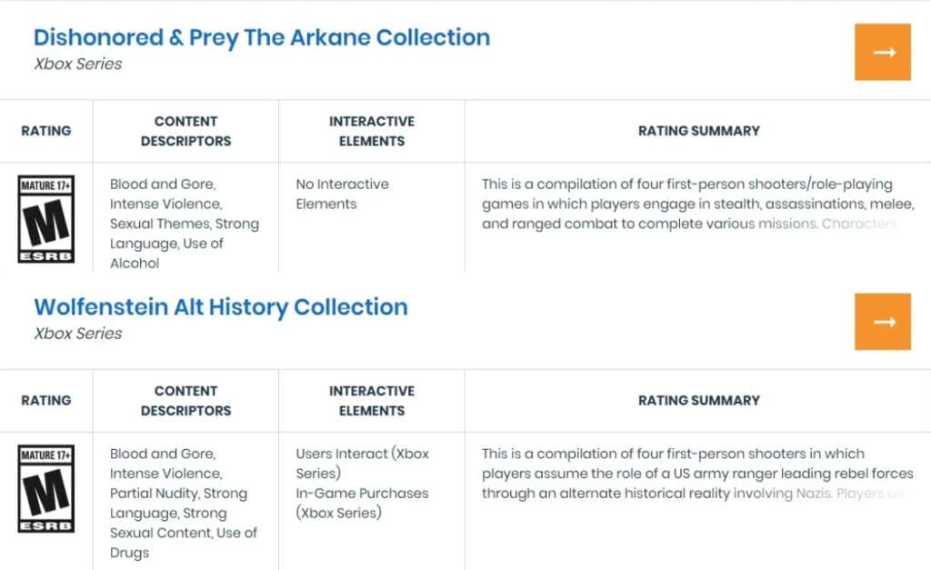 ESRB Dishonored Prey Wolfenstein