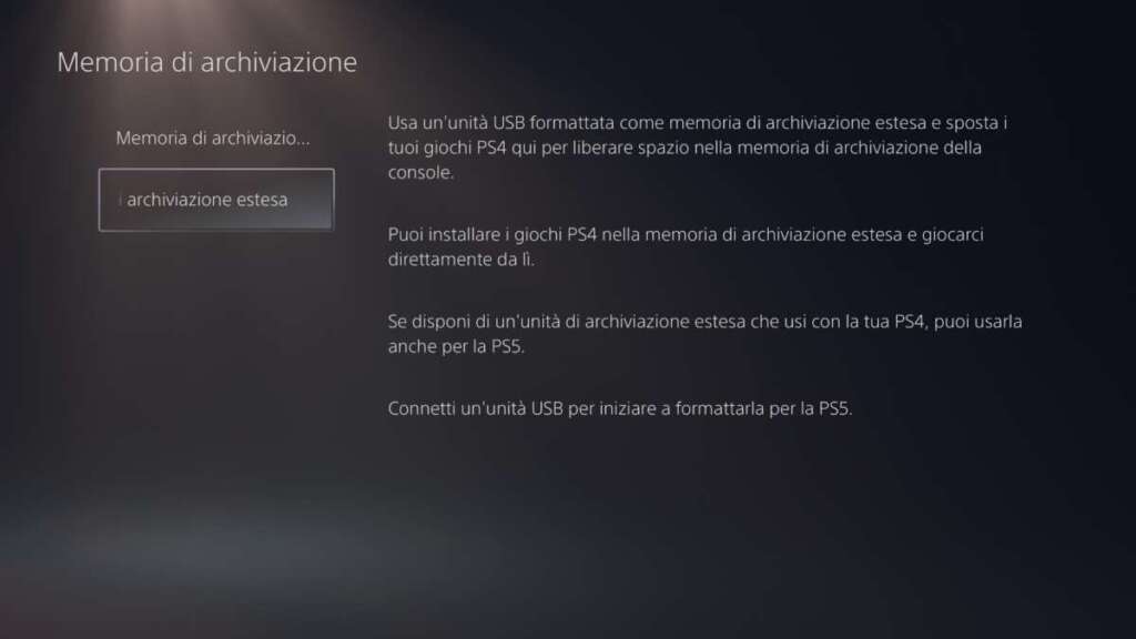 PS5 UX memoria archiviazione