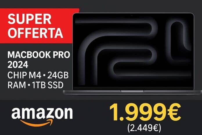 Offerta Amazon per MacBook Pro 2024 con chip M4, 24GB RAM, 1TB SSD e display XDR da 14", ora a 1.999€ invece di 2.449€