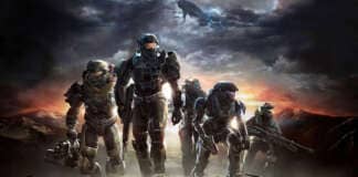 Master Chief davanti a un paesaggio generato proceduralmente con elementi digitali e circuiti IA