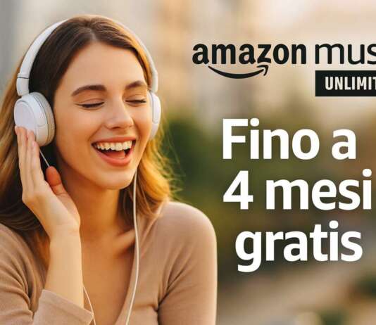 Giovane donna con cuffie che ascolta musica, immagine promozionale per l’offerta Amazon Music Unlimited fino a 4 mesi gratis.