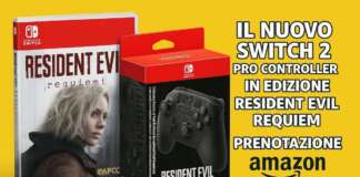 Nintendo Switch 2 Pro Controller Resident Evil Requiem in offerta preorder su Amazon. Nell'immagine è presente anche la confezione di Resident Evil Requiem per Switch 2, il logo Amazon e la scritta "Il nuovo Switch 2 Pro Controller in edizione Resident Evil Requiem prenotazione"