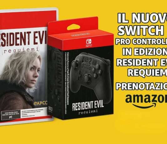 Nintendo Switch 2 Pro Controller Resident Evil Requiem in offerta preorder su Amazon. Nell'immagine è presente anche la confezione di Resident Evil Requiem per Switch 2, il logo Amazon e la scritta "Il nuovo Switch 2 Pro Controller in edizione Resident Evil Requiem prenotazione"