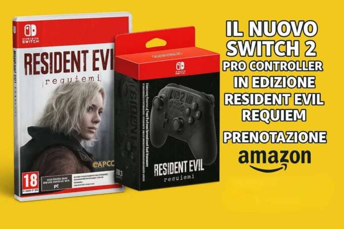 Nintendo Switch 2 Pro Controller Resident Evil Requiem in offerta preorder su Amazon. Nell'immagine è presente anche la confezione di Resident Evil Requiem per Switch 2, il logo Amazon e la scritta "Il nuovo Switch 2 Pro Controller in edizione Resident Evil Requiem prenotazione"