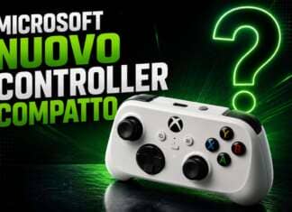 Nuovo controller compatto Xbox di Microsoft mostrato in una immagine promozionale con punto interrogativo verde neon.