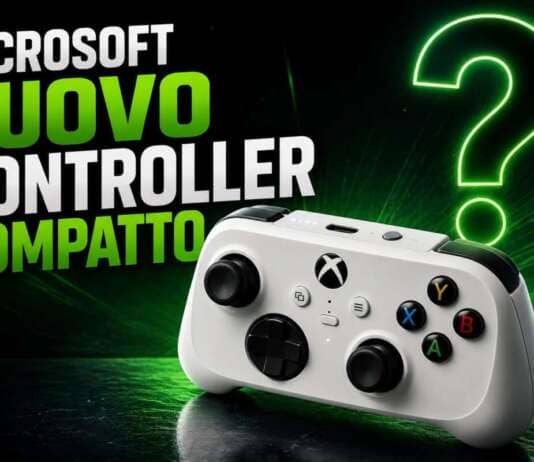 Nuovo controller compatto Xbox di Microsoft mostrato in una immagine promozionale con punto interrogativo verde neon.